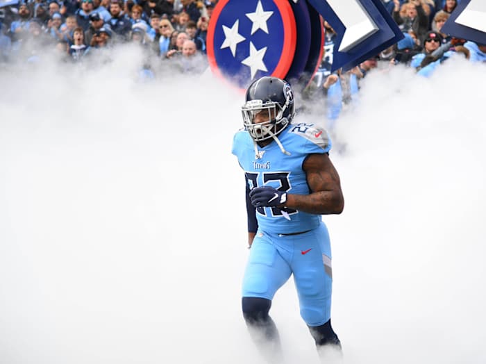 Tennessee Titans running back Derrick Henry (22) takes the field during player introductions before the game against the Houston Texans at Nissan Stadium.